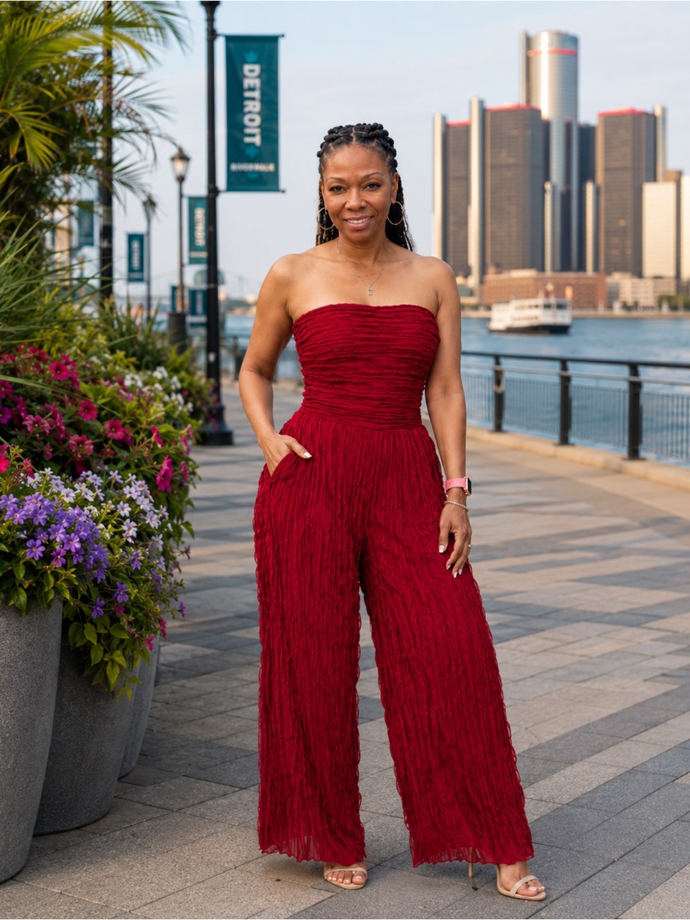 Red Strapless Ruffled Jump Suit